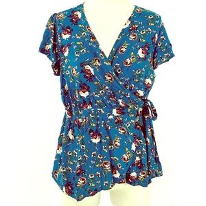 Teal floral wrap blouse